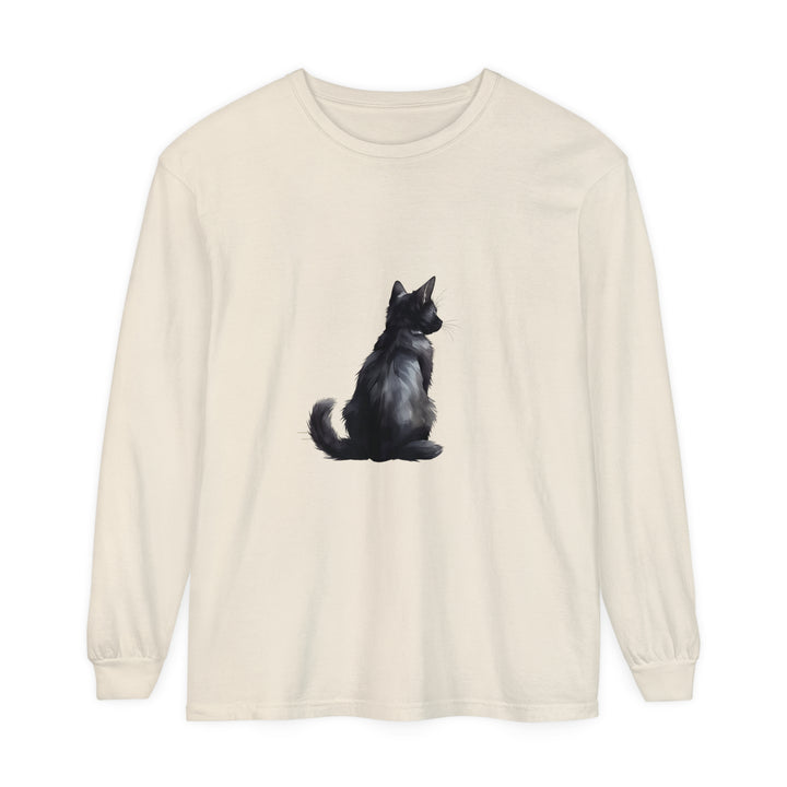 Black Cat Mystery unisex long sleeve tee, featuring a sleek black cat design