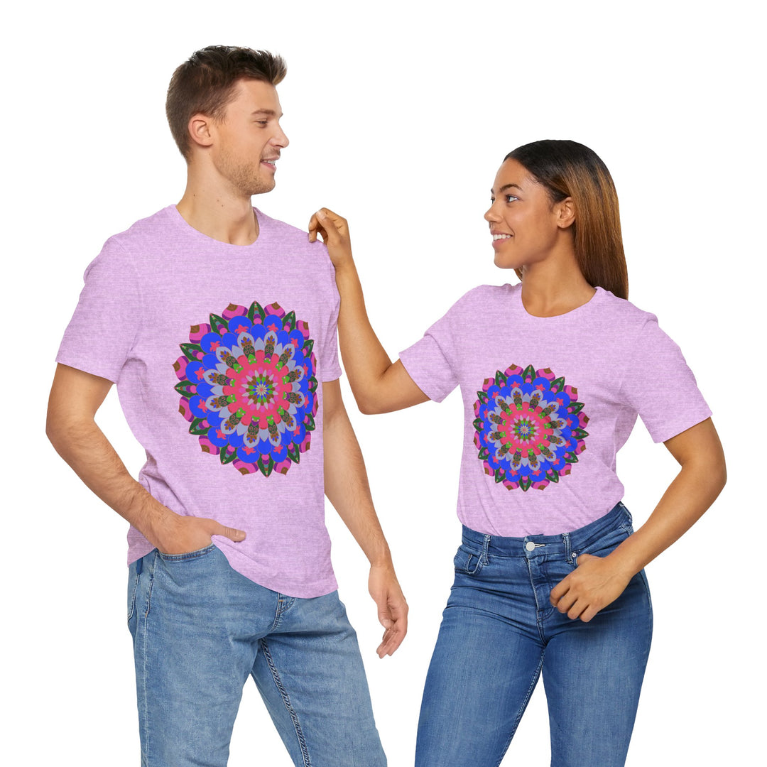 Colorful Mandala Geometric T-Shirt on white background, featuring intricate and vibrant design perfect for casual wear or yoga practice