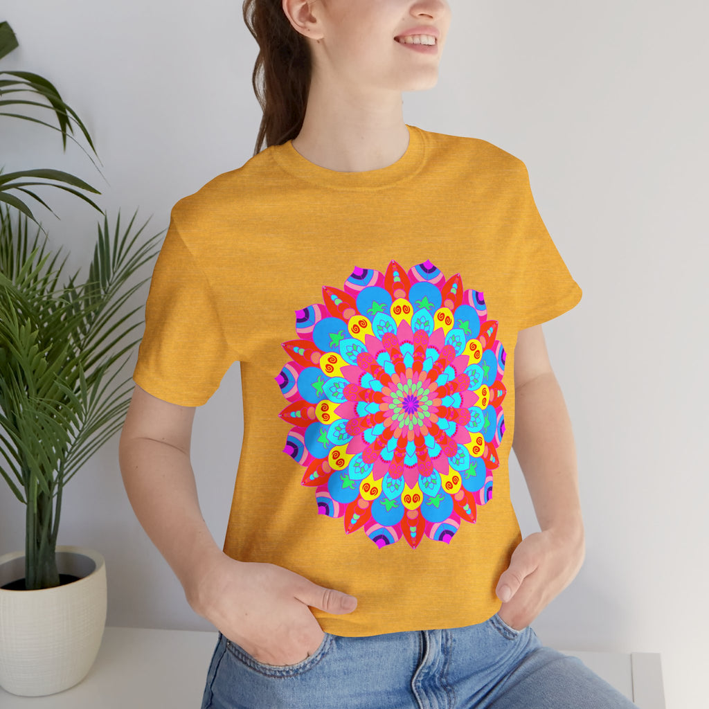 Vibrant and intricate colorful mandala design on a t-shirt, inspired by psychedelic art and perfect for adding a pop of unique style to any outfit