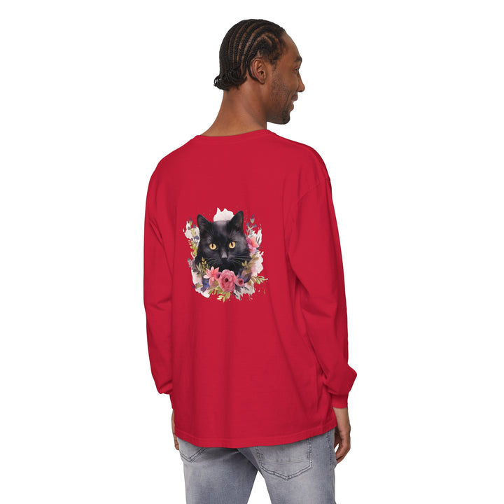 Black Cat Floral Watercolor Long Sleeve T-Shirt featuring a beautiful watercolor design of a black cat surrounded by colorful flowers on a comfortable long sleeve shirt