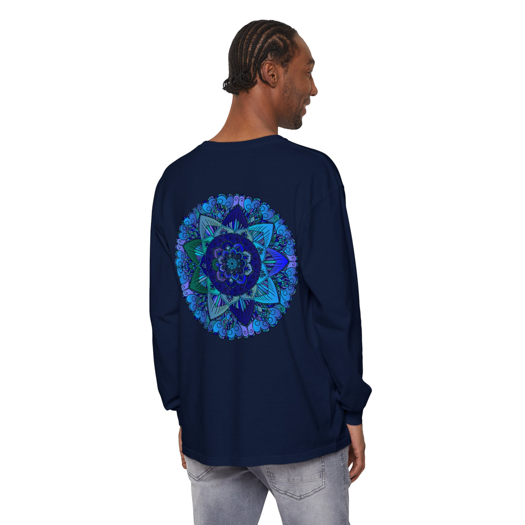 Dark blue and green mandala long sleeve t-shirt with intricate design