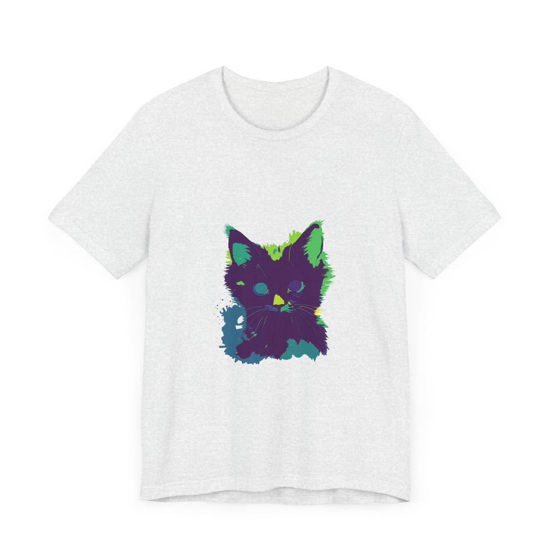 A black t-shirt featuring a mysterious neon cat design on the front