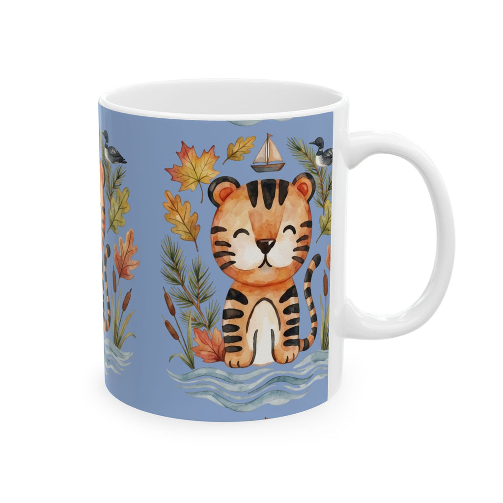 Tiger & Autumn Leaves Ceramic Mug — Cute Watercolor Tiger Coffee Cup (11oz, 15oz)
