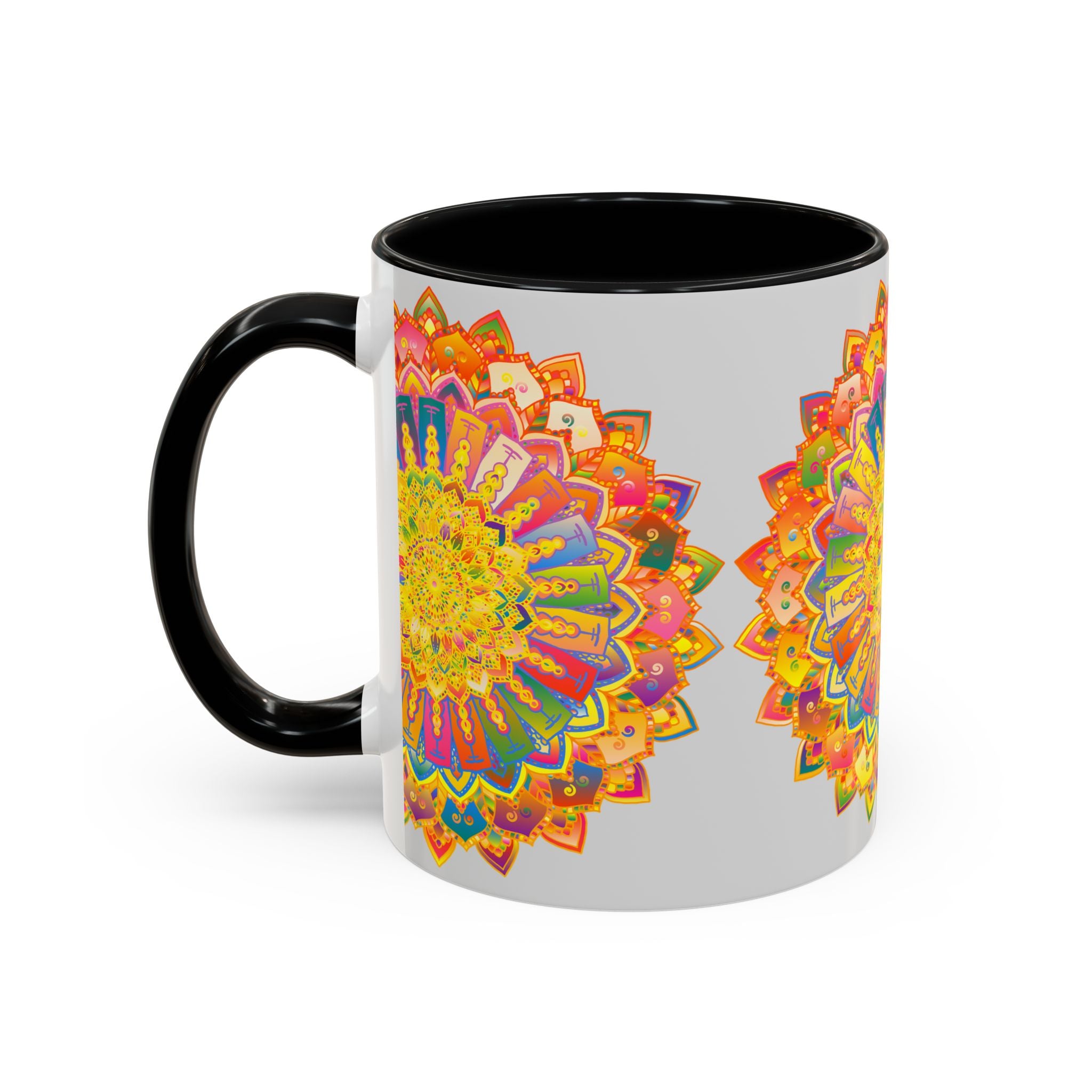 Beautifully hand-painted colorful mandala design on a grey mug