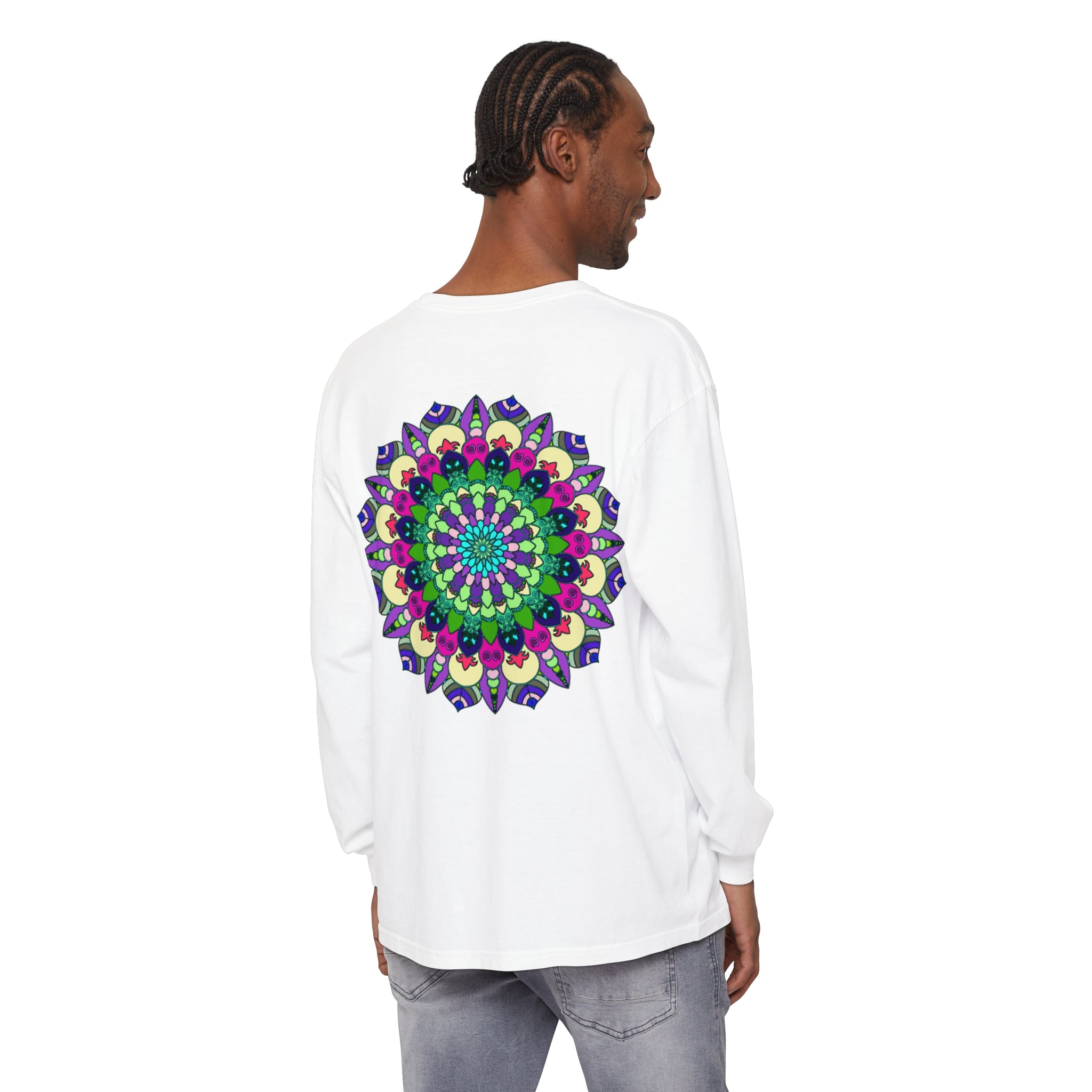 Colorful and intricately designed long sleeve unisex t-shirt with vibrant mandala print