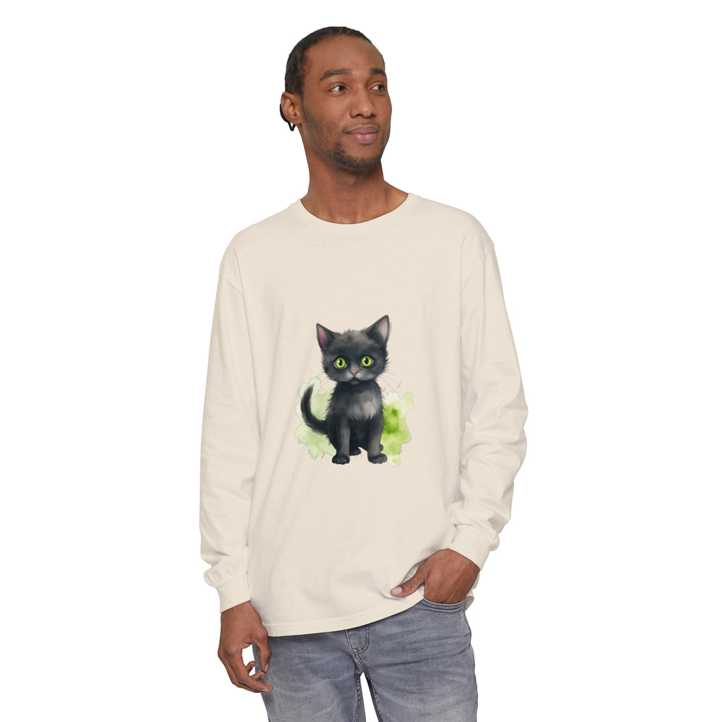 Black Cat Watercolor Long Sleeve T-Shirt with vibrant watercolor cat design