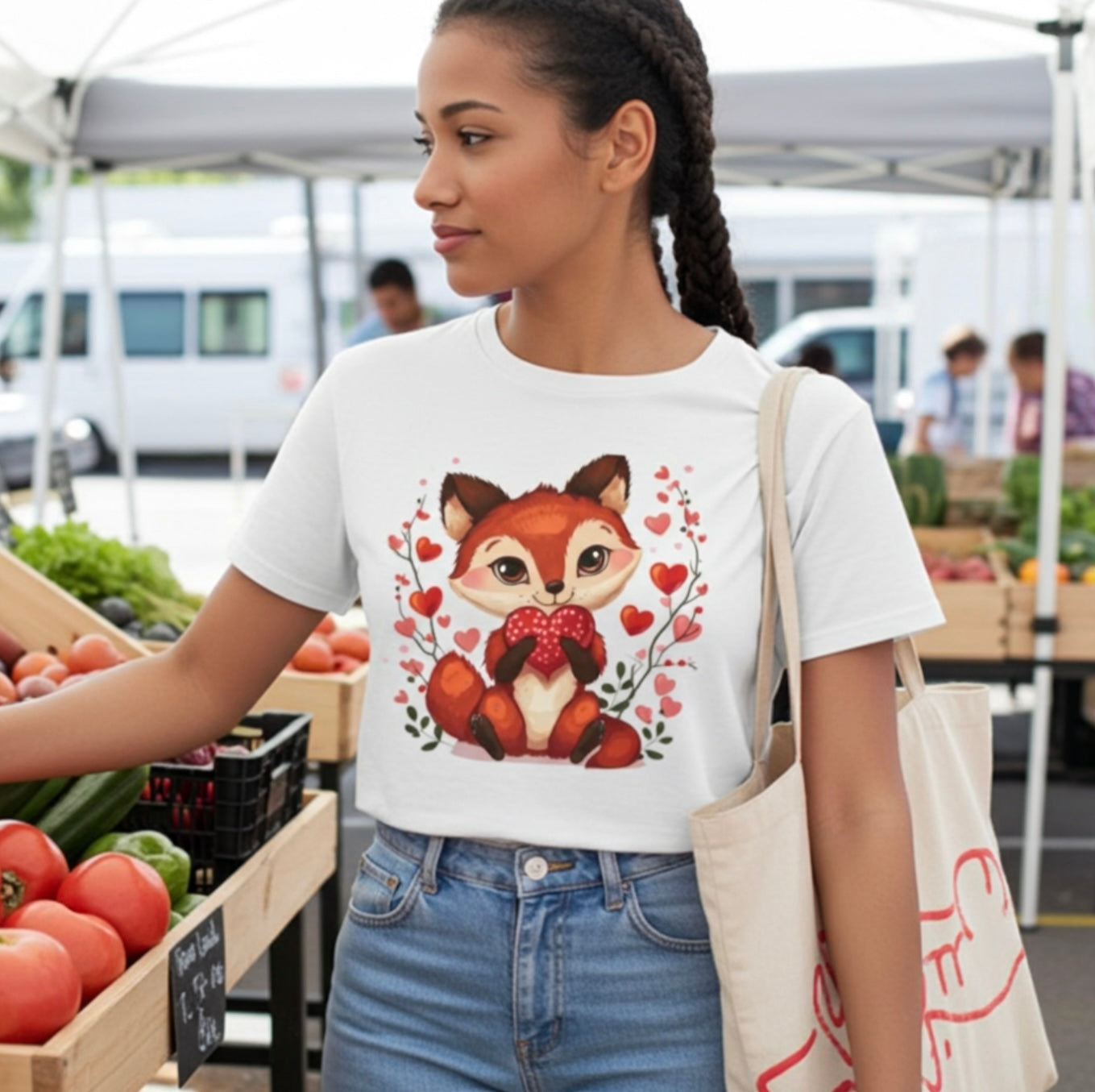 Cute Fox Heart Crop Top – White Cotton Graphic Tee