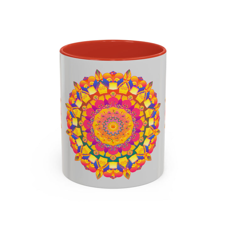 A beautiful mandala art mug with vibrant colors on a grey background