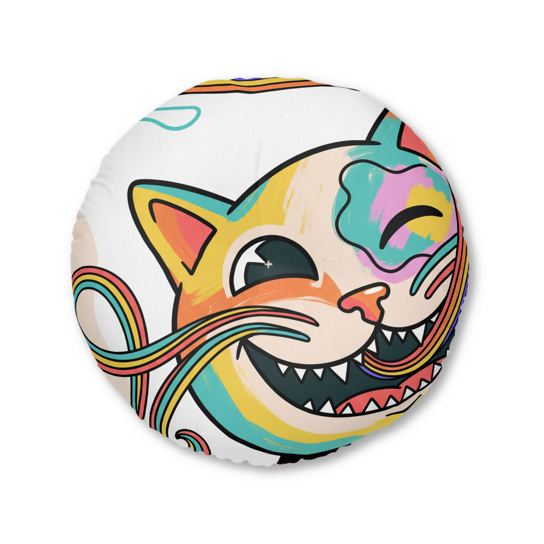 Round Tufted Floor Pillow — Grinning Rainbow Cat Cartoon with Paw Icons