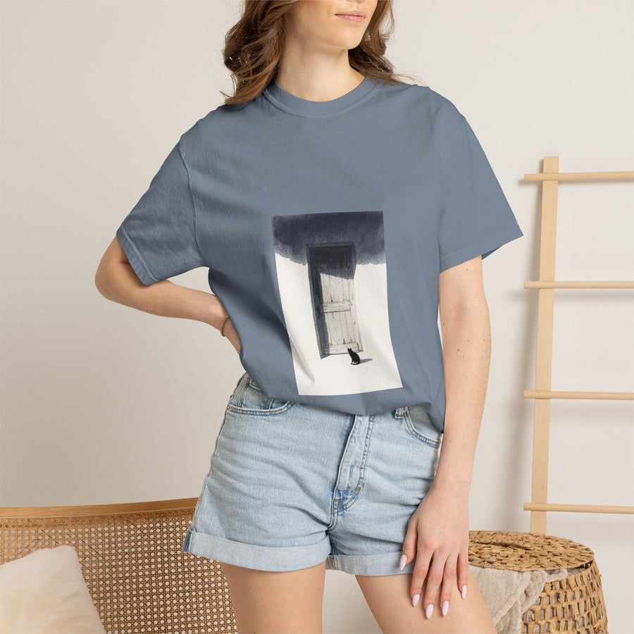 T-Shirt — Minimal Art Cat at Door Graphic Tee
