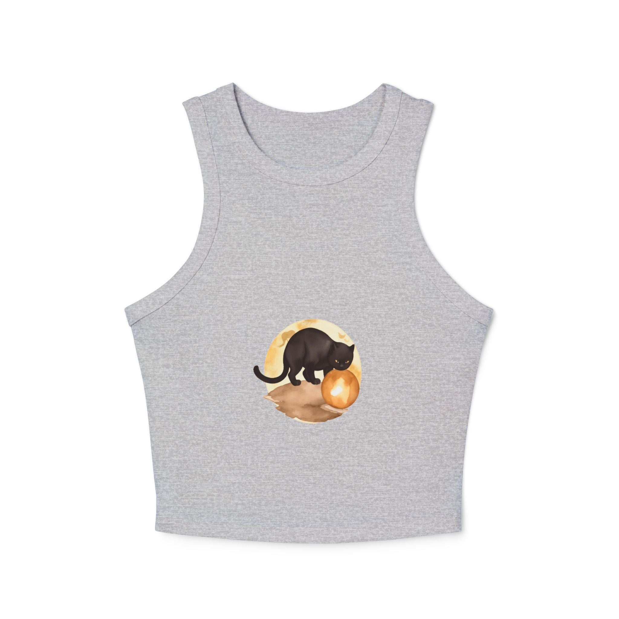 Black Cat Moon Racerback Tank Top on model standing in front of a full moon at night