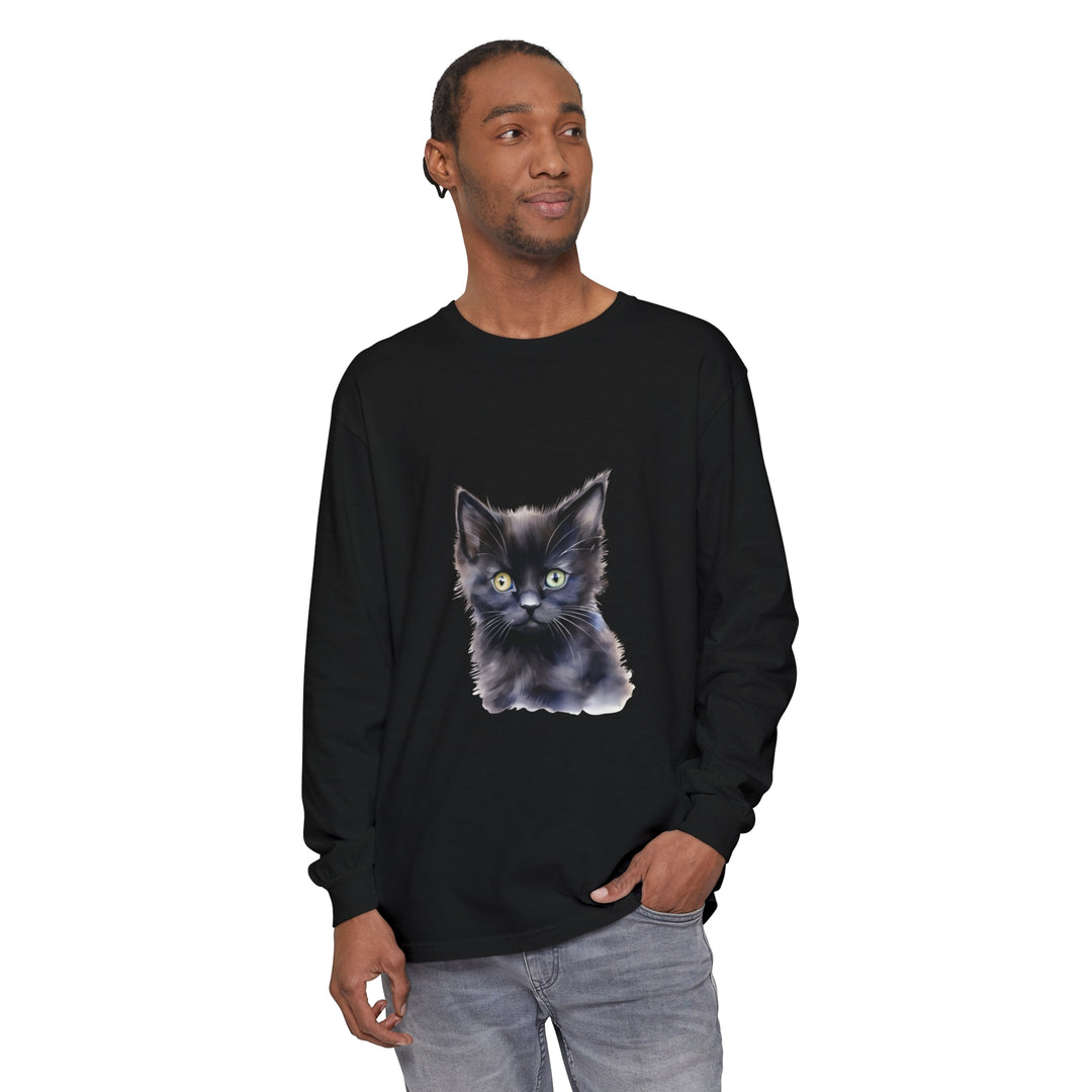 A black long sleeve t-shirt featuring an adorable, mystical kitten design