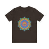 Vibrant and detailed mandala design featured on a colorful, high-quality T-shirt