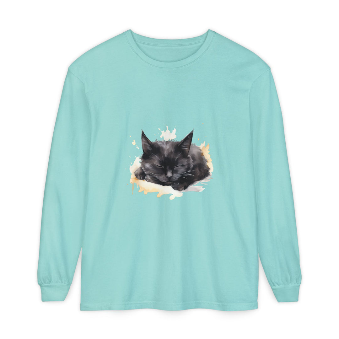 Langarm-T-Shirt mit Aquarellmotiv „Schlafende Katze“