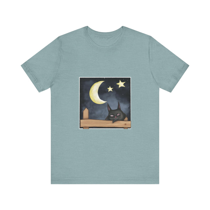 A cozy black t-shirt featuring a sleepy cat under a moonlit night