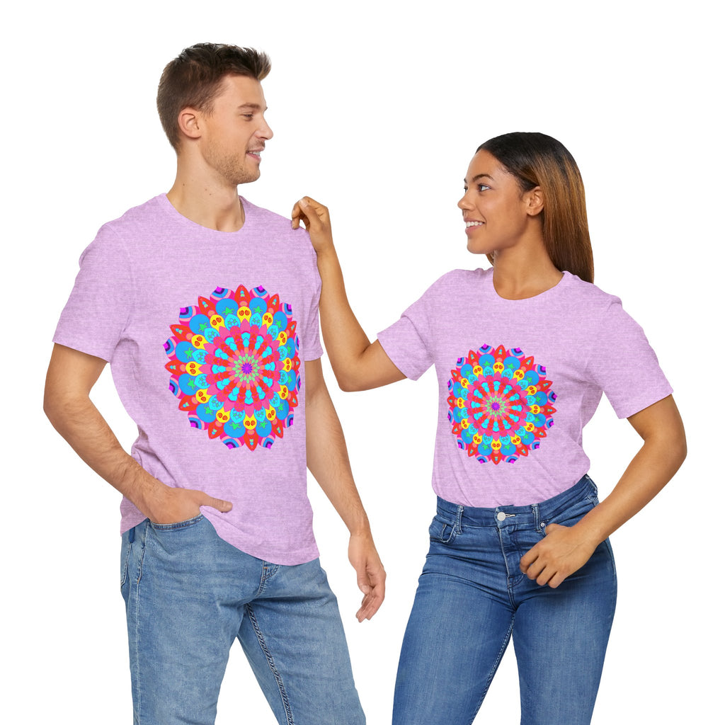 A vibrant and intricate mandala design in various shades of blue, pink, and yellow, featured on a high-quality T-shirt with psychedelic art