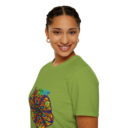 Softstyle unisex t-shirt with hand-drawn mandala art, perfect gift for sister