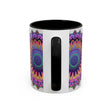 Beautiful mandala design in vibrant colors on a grey ceramic mug
