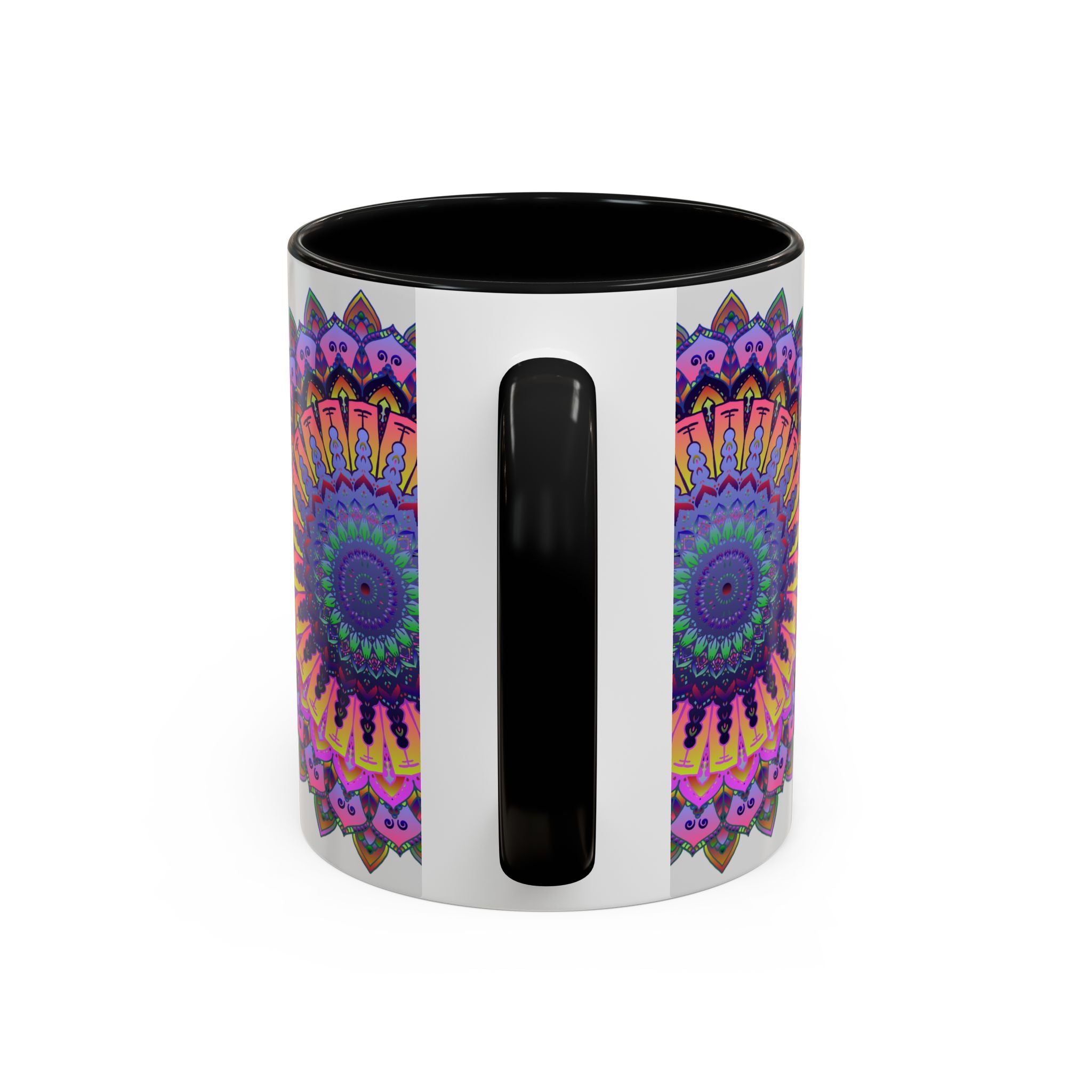 Beautiful mandala design in vibrant colors on a grey ceramic mug