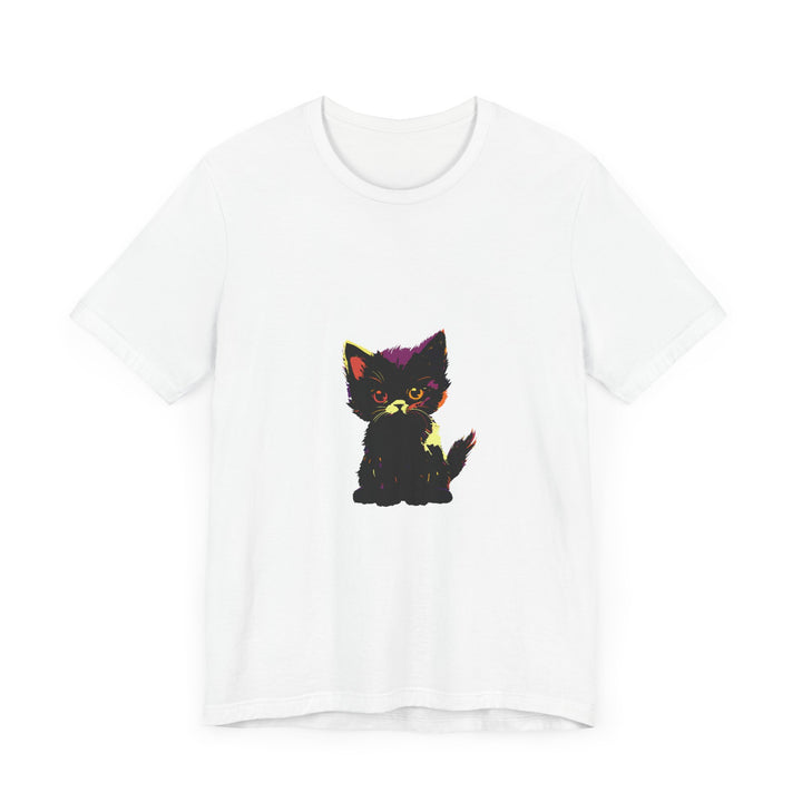 Neon Black Cat Mystery T-Shirt with vibrant colors and playful design