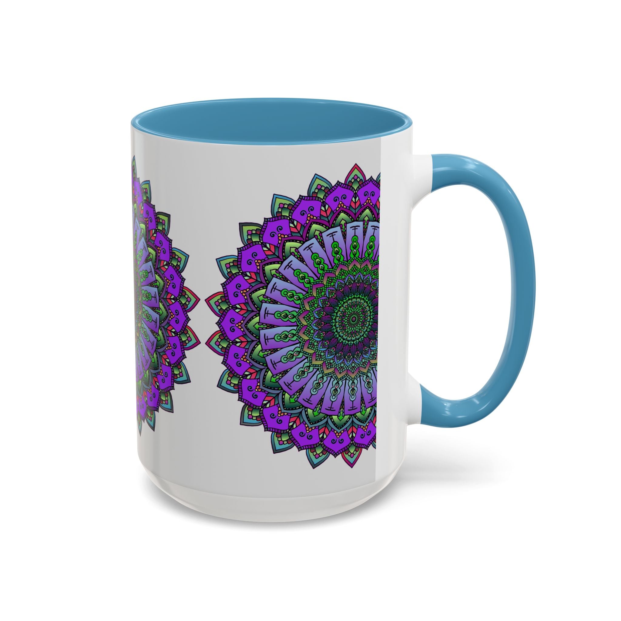 Vibrant mandala mug with intricate spiritual art design and colorful patterns