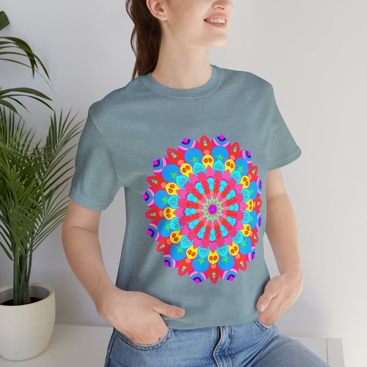 Vibrant and intricate colorful mandala design on a t-shirt, perfect for those who love psychedelic art and bold, unique fashion