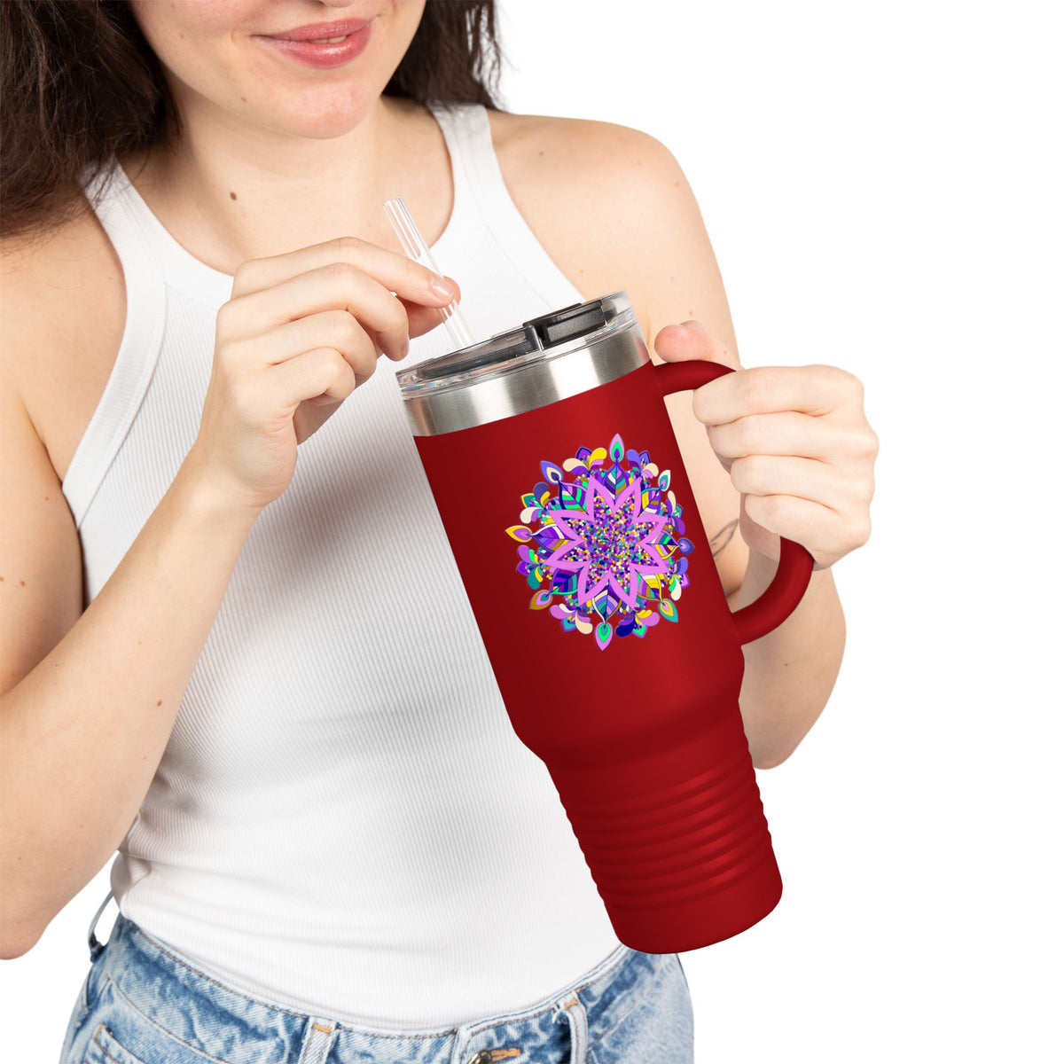 40oz Insulated Travel Mug — Purple Floral Mandala Design