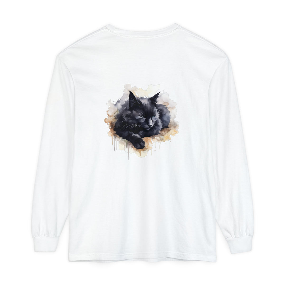 A beautiful watercolor illustration of a sleeping black cat on a t-shirt