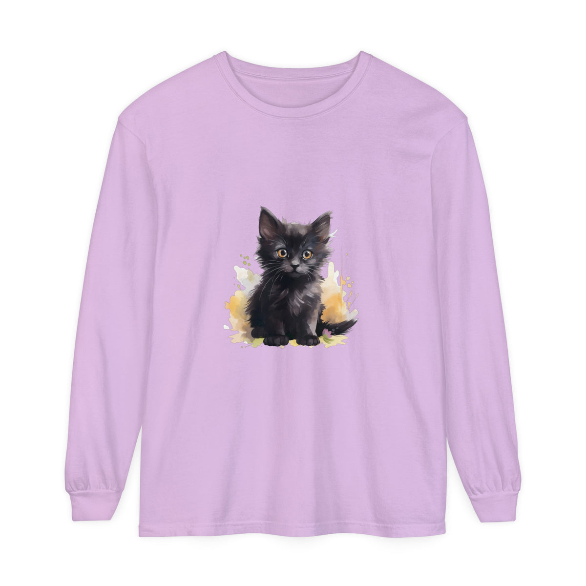 Black Kitten Watercolor Splash T-Shirt: Cute cat design with vibrant watercolor accents on a black tee
