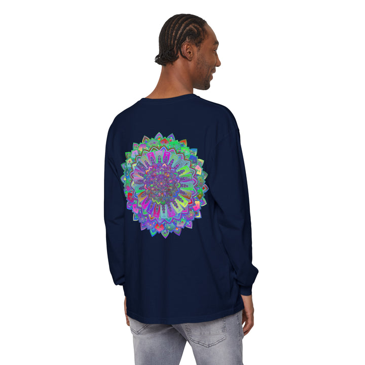 Colorful, intricate mandala design long sleeve t-shirt in vibrant hues