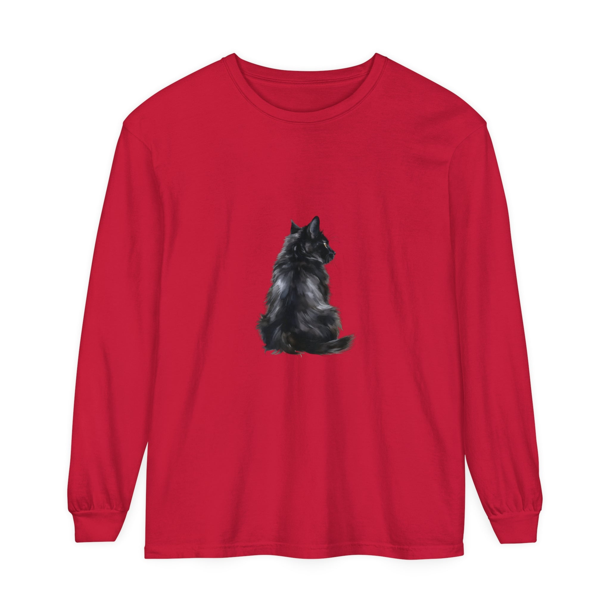 Black Cat Mystique Long Sleeve T-Shirt: A stylish black long sleeve shirt featuring a mysterious black cat design