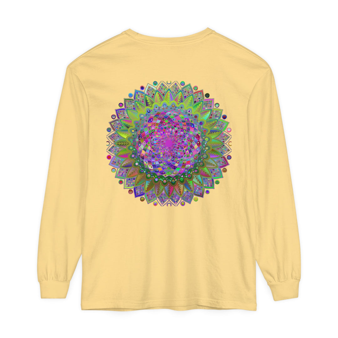 Colorful and intricate mandala design printed on a high-quality unisex long sleeve t-shirt