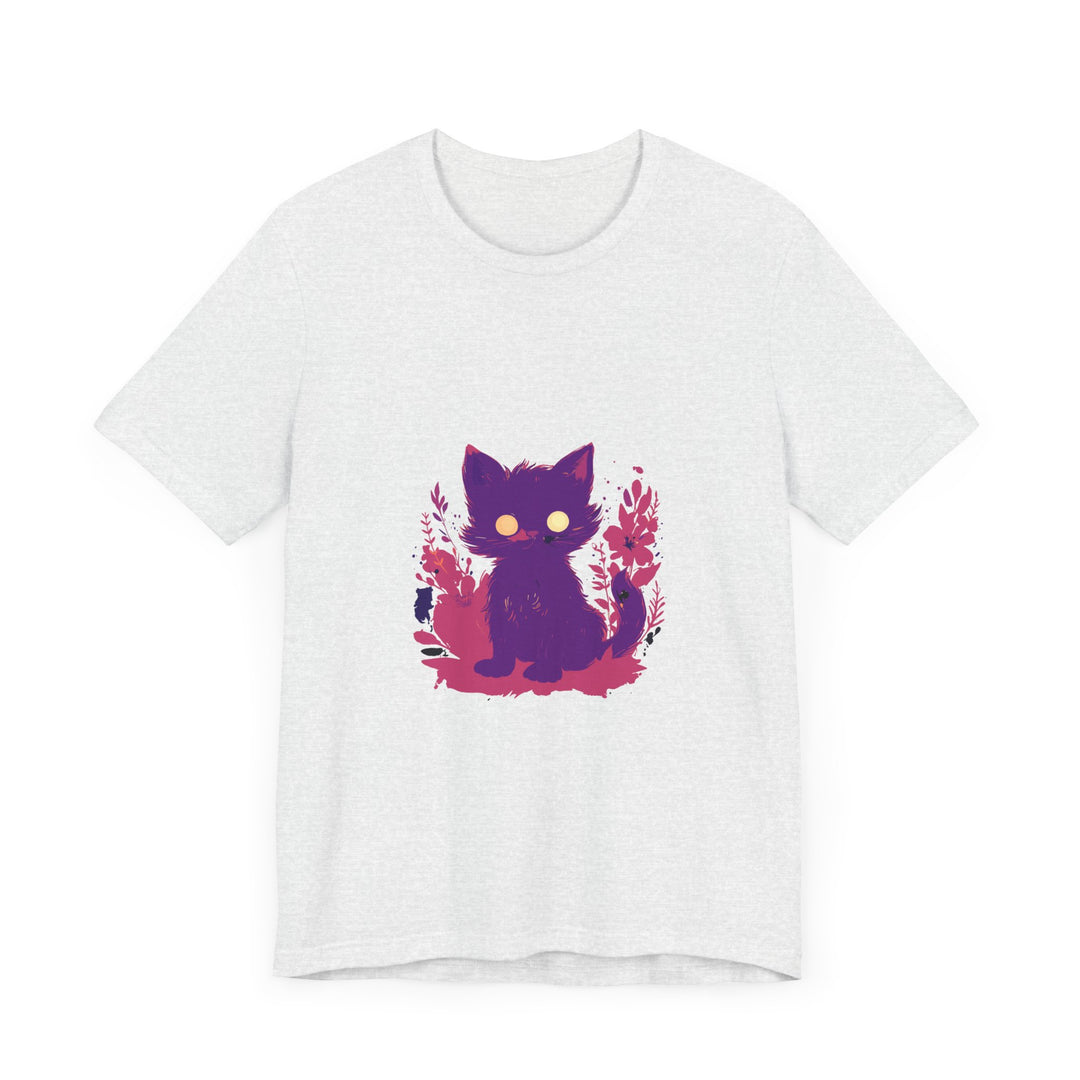 Vibrant purple t-shirt featuring a playful and whimsical design of a mysterious cat with captivating eyes