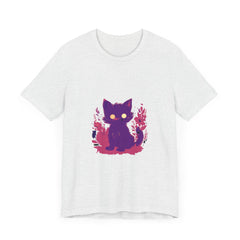 Vibrant purple t-shirt featuring a playful and whimsical design of a mysterious cat with captivating eyes