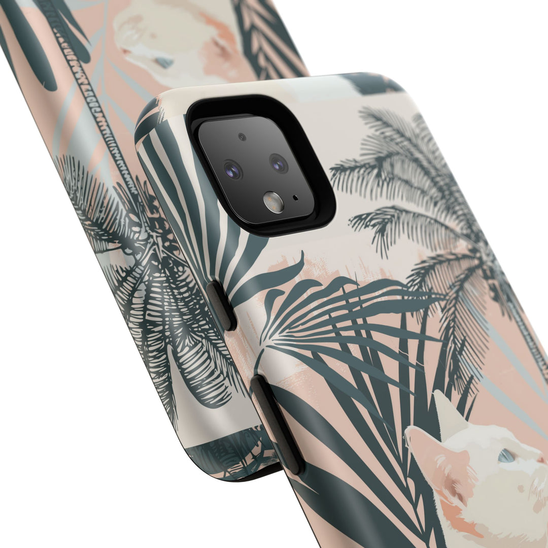 Tropische Katzen-Telefonhülle mit üppigen Palmenmotiven und sanften Pastelltönen