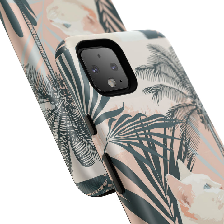 Tropische Katzen-Telefonhülle mit üppigen Palmenmotiven und sanften Pastelltönen