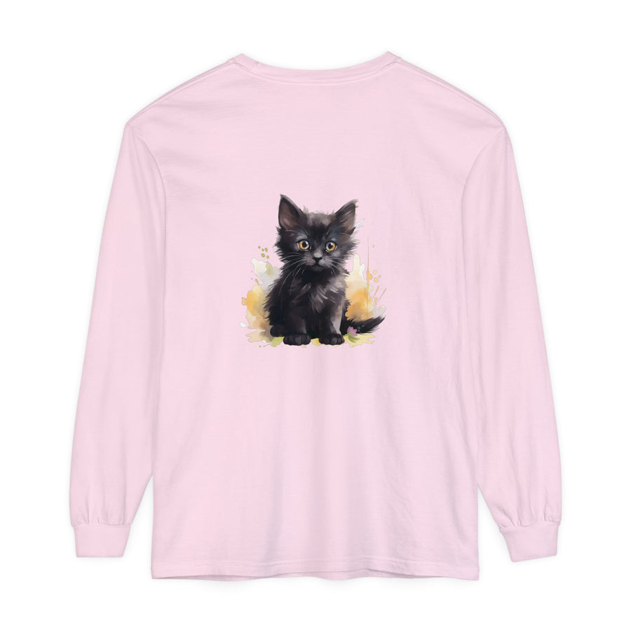 A black kitten with a watercolor splash design on a t-shirt