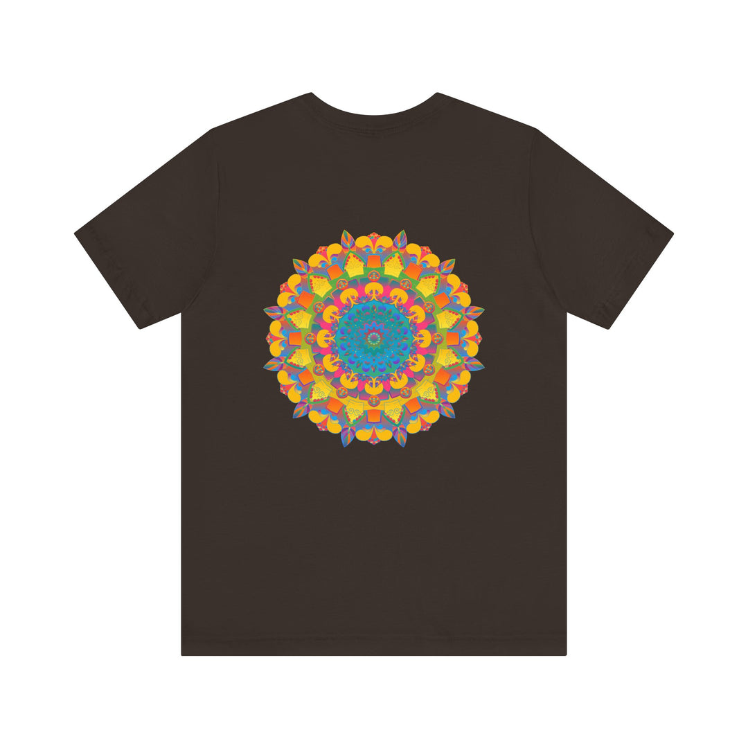 A colorful, vibrant mandala design T-shirt, symbolizing peace and harmony