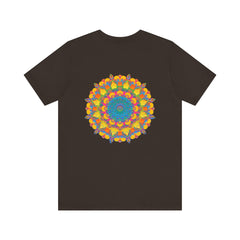 A colorful, vibrant mandala design T-shirt, symbolizing peace and harmony