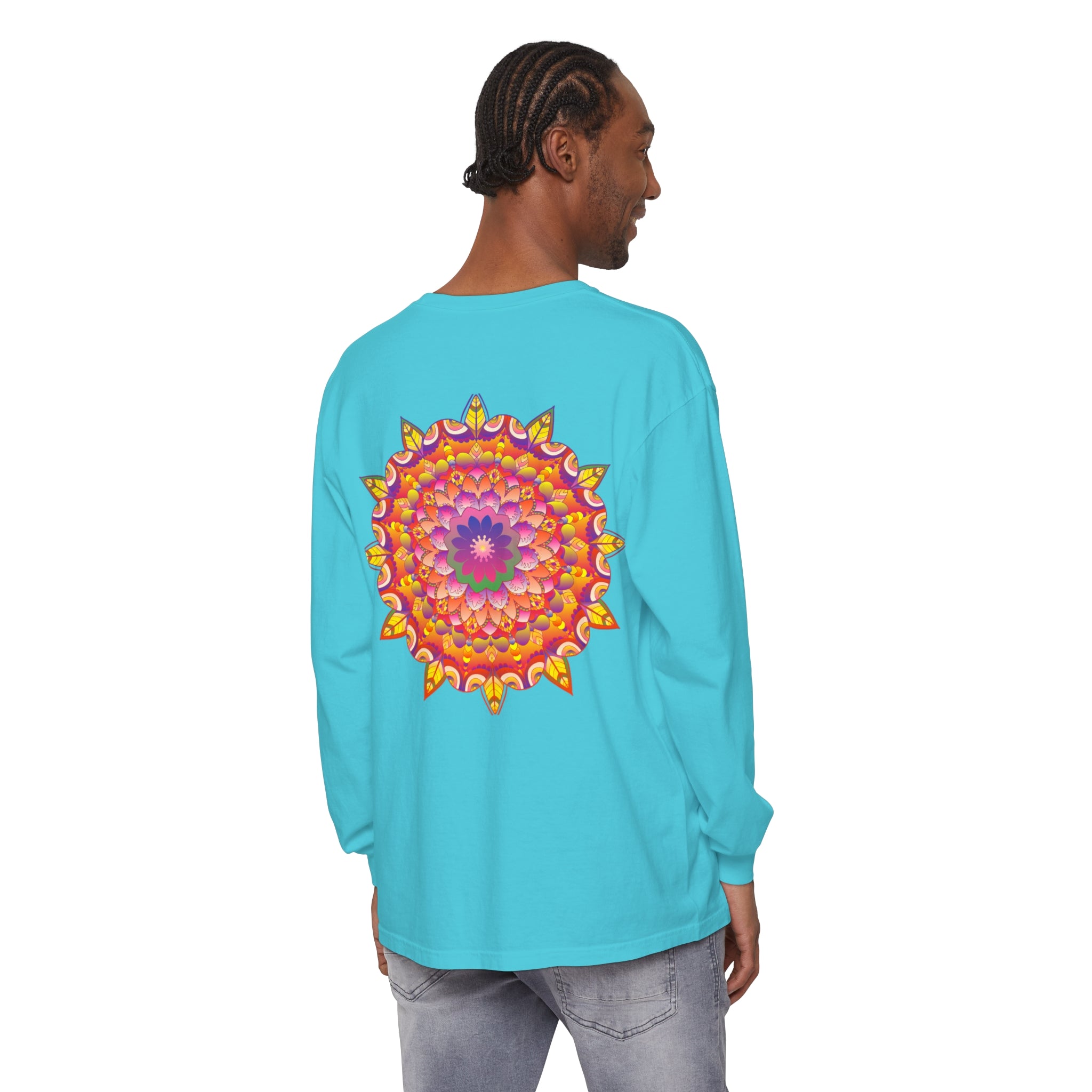 Colorful and intricate mandala design on a unisex long sleeve t-shirt