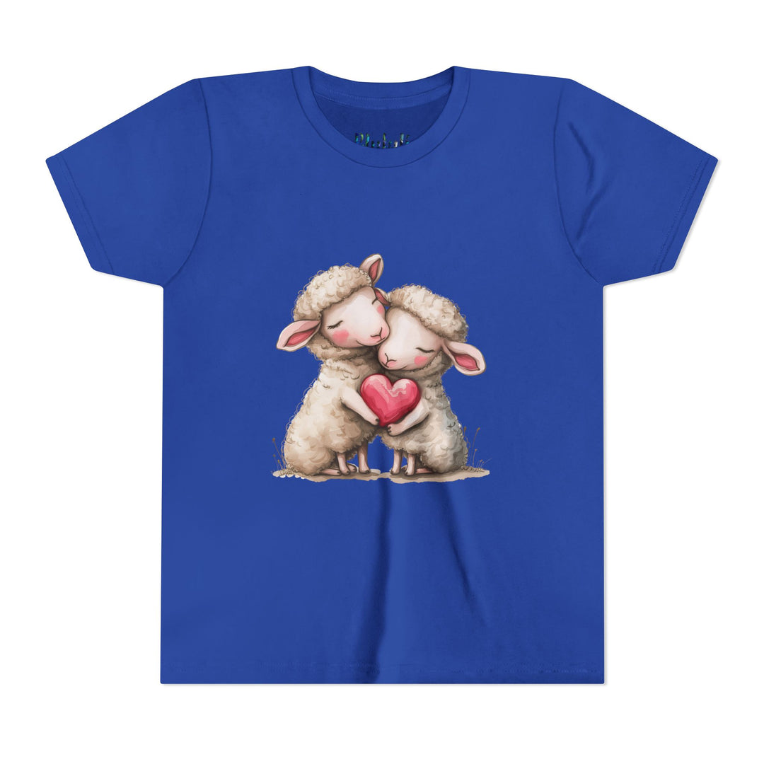 Jugend-T-Shirt – Cartoon-Schafe, die ein Herz umarmen, süßes und schönes Design 