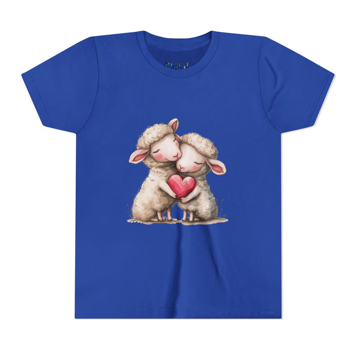 Jugend-T-Shirt – Cartoon-Schafe, die ein Herz umarmen, süßes und schönes Design 
