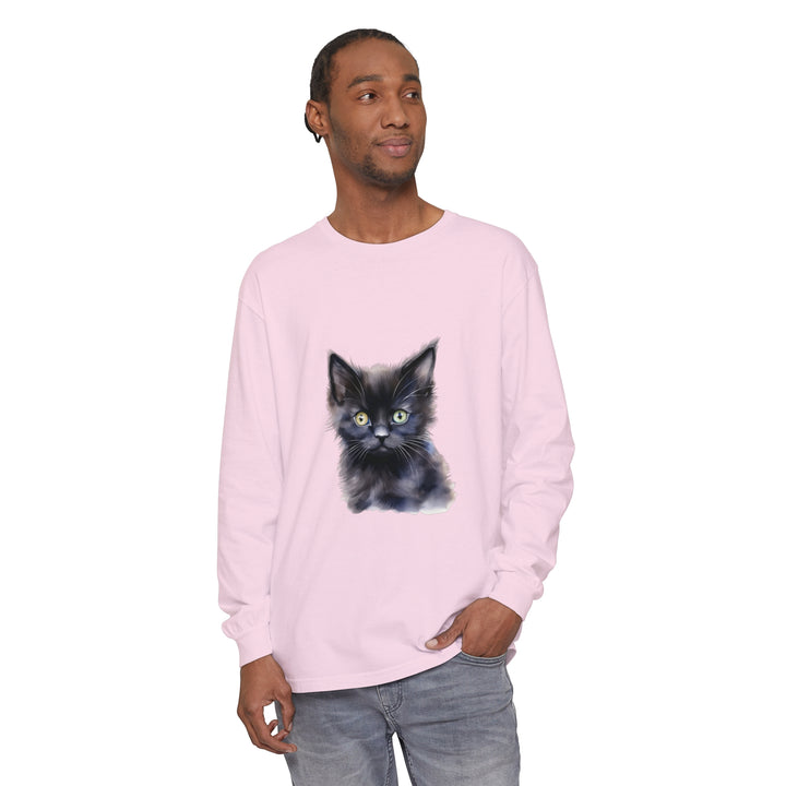 Black unisex long sleeve t-shirt with a mystical kitten print