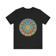 A close-up image of a vibrant mandala tee, featuring an intricate and detailed design with bold, colorful patterns and symbols