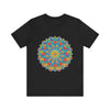 A close-up image of a vibrant mandala tee, featuring an intricate and detailed design with bold, colorful patterns and symbols