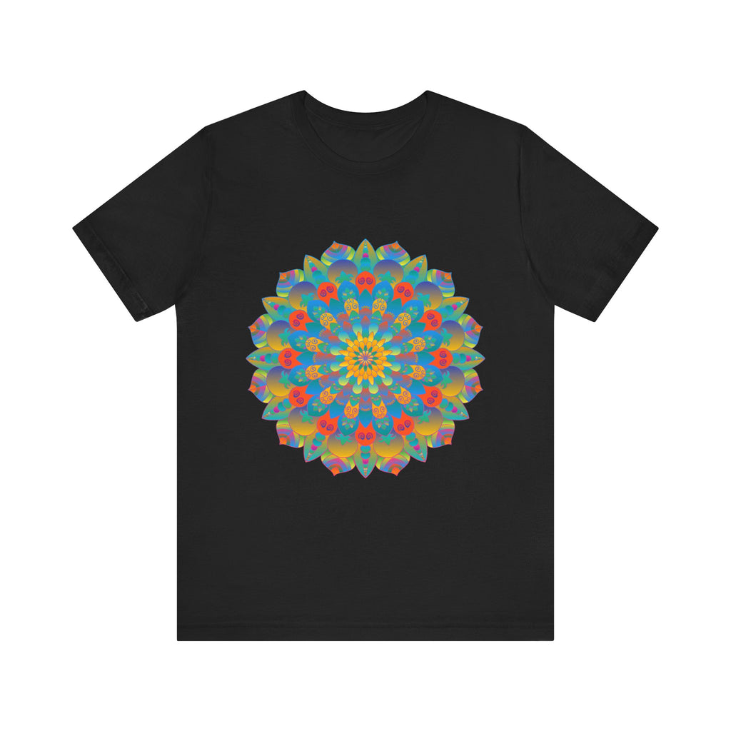 A close-up image of a vibrant mandala tee, featuring an intricate and detailed design with bold, colorful patterns and symbols