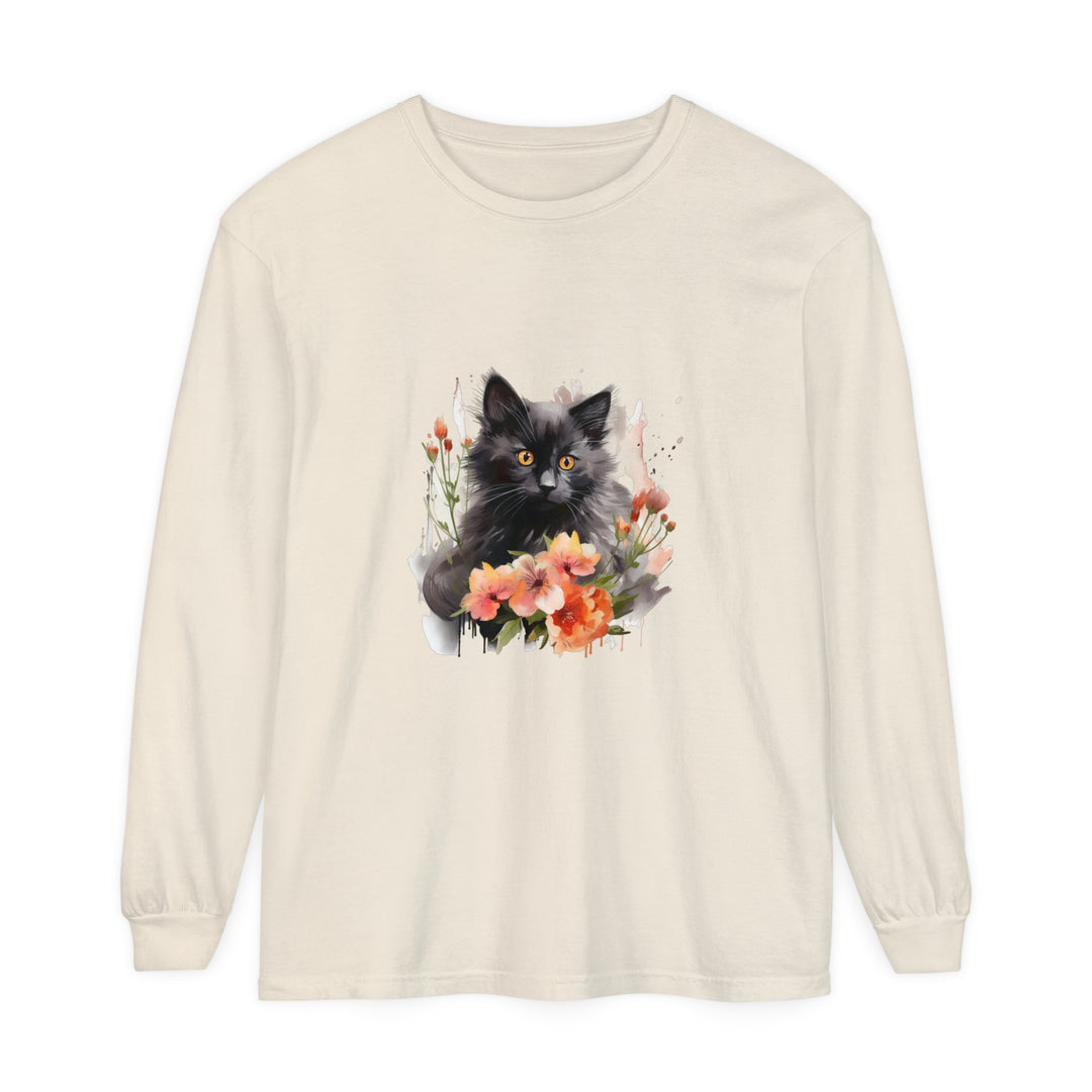 Black Cat & Flowers Watercolor T-Shirt featuring a beautiful watercolor design of a black cat surrounded by vibrant flowers