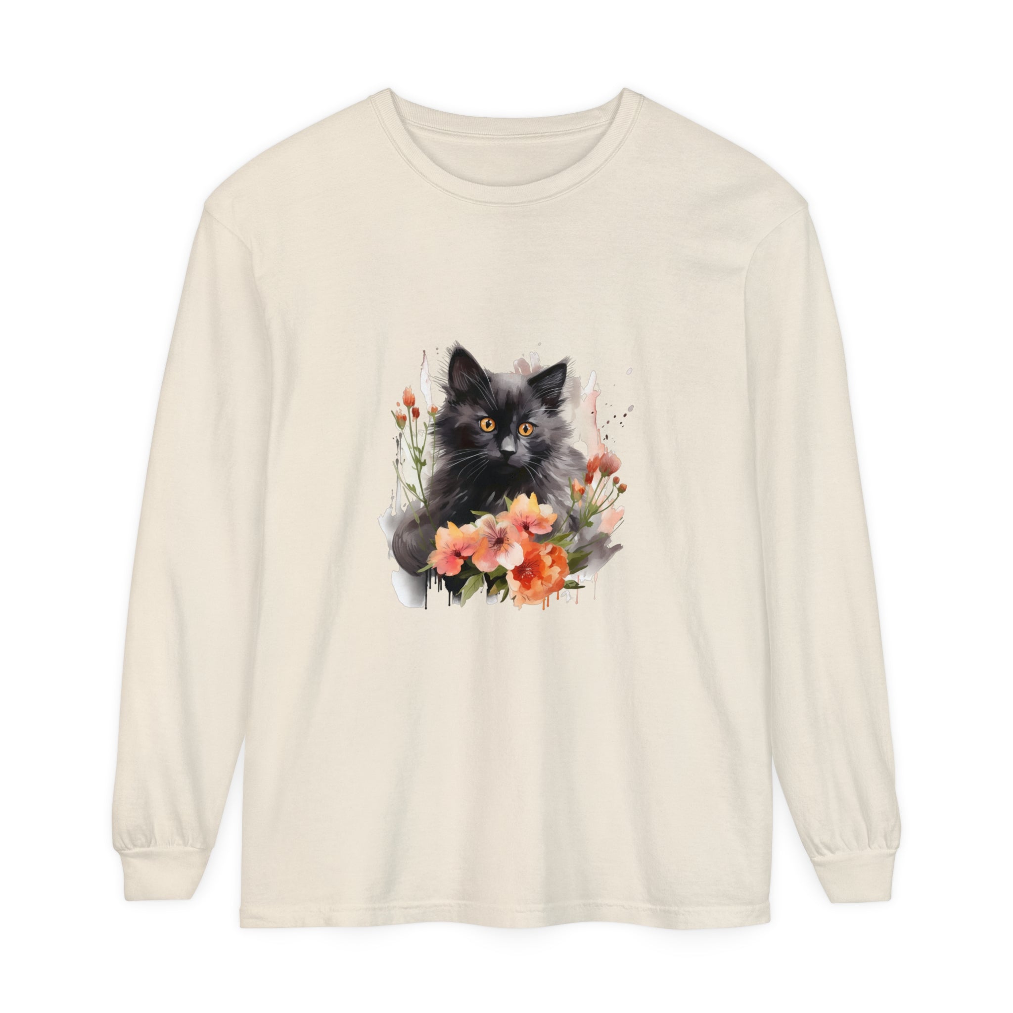 Black Cat & Flowers Watercolor T-Shirt featuring a beautiful watercolor design of a black cat surrounded by vibrant flowers