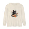 Black Cat & Flowers Watercolor T-Shirt featuring a beautiful watercolor design of a black cat surrounded by vibrant flowers