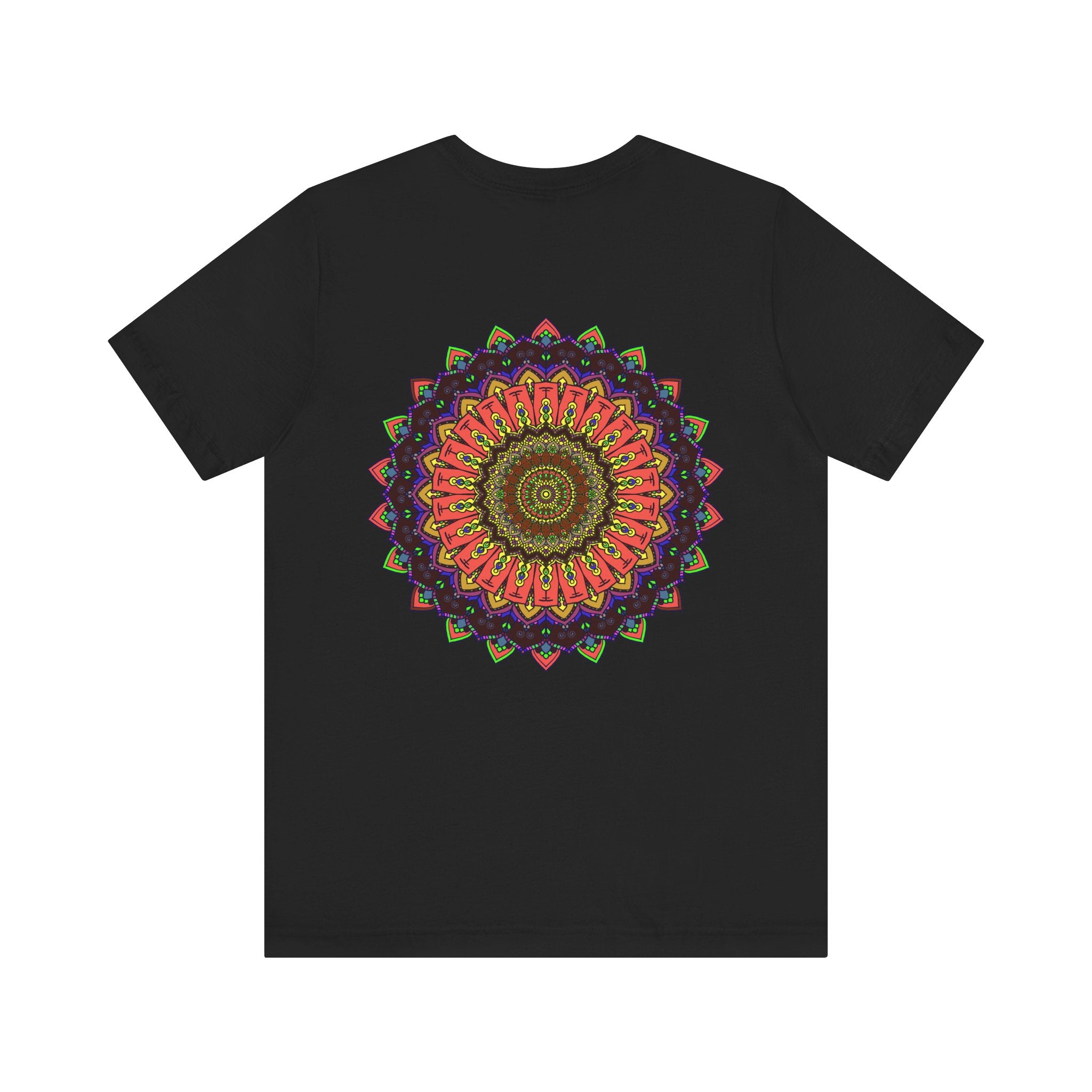 Vibrant mandala tee with intricate design symbolizing spiritual harmony and peace